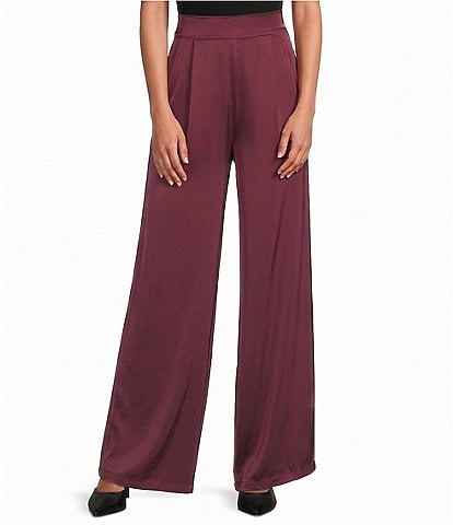 M Made in Italy Woven Satin High Rise Flat Front Wide Leg Pull On Pants