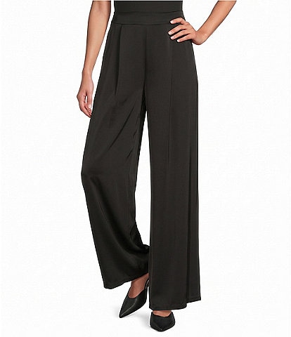 M Made in Italy Woven Satin High Rise Flat Front Wide Leg Pull On Pants
