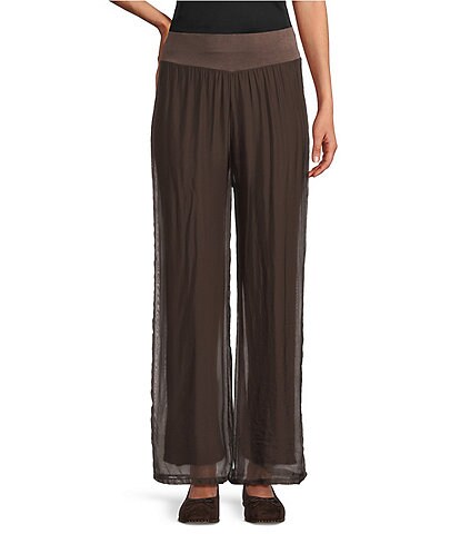 M Made in Italy Woven Silk Wide Leg Crop Length Pull On Pants