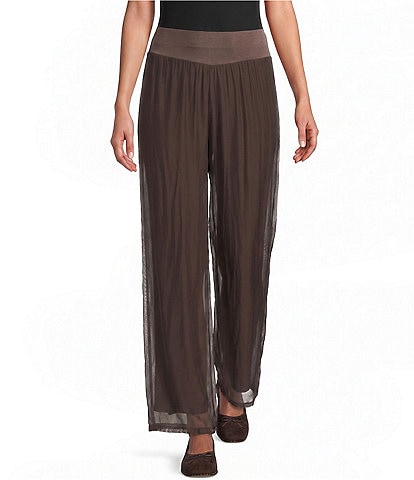 M Made in Italy Woven Silk Wide Leg Crop Length Pull On Pants