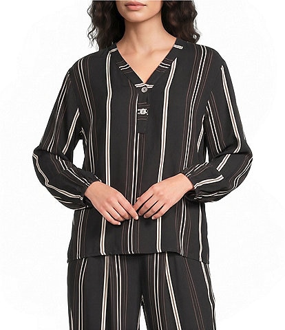 M Made in Italy Woven Stripe V-Neck Long Sleeve Coordinating Tunic