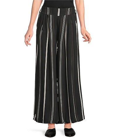 M Made in Italy Woven Stripe Wide Leg Crop Length Pull-On Coordinating Pants