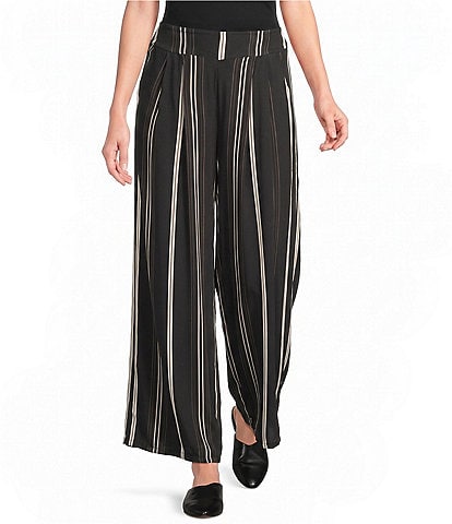 M Made in Italy Woven Stripe Wide Leg Crop Length Pull-On Coordinating Pants