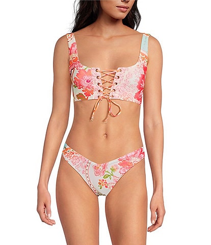 Maaji Dazzle Floral Groove Reversible Lace Up Bralette Swim Top & V-Cut Swim Bottom