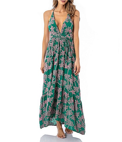 Maaji Moon Bay Palm Tree Print Embroidered Plunge V-Neck Braided Strap Tassel Detail Open Back Maxi Cover-Up Dress
