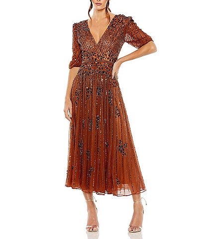 Mac Duggal 3/4 Puffed Sleeve V-Neck Embellished Dress