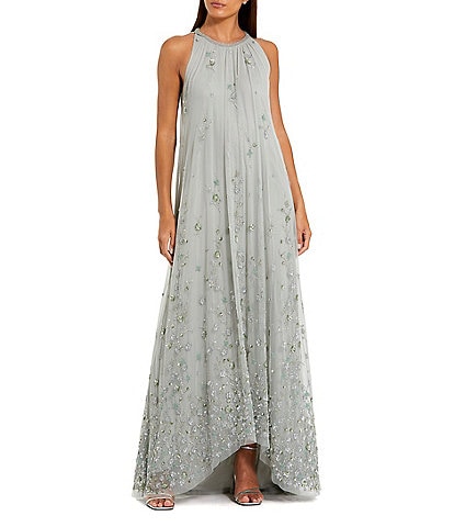 Mac Duggal 3D Floral Embellished Mesh High Neck Sleeveless Beaded Waist Trapeze Gown