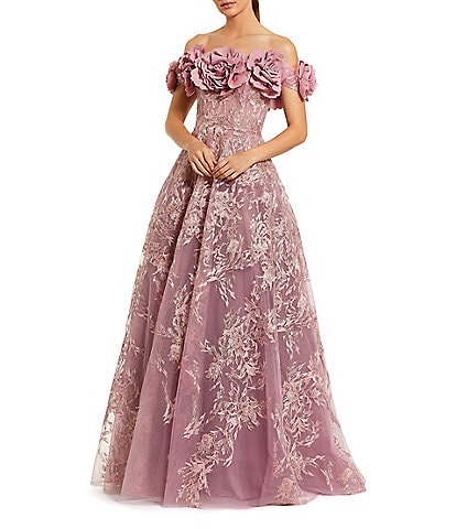 Mac Duggal 3D Floral Embroidered Off-The-Shoulder A Line Gown