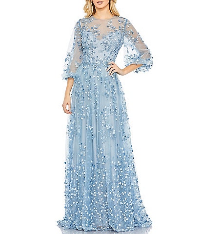 Mac Duggal 3D Floral Embroidered Round Illusion Neck Long Balloon Sleeve Gown