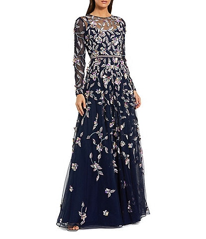 Mac Duggal 3D Floral Tulle Mesh Crew Neck Long Sleeve A-Line Gown