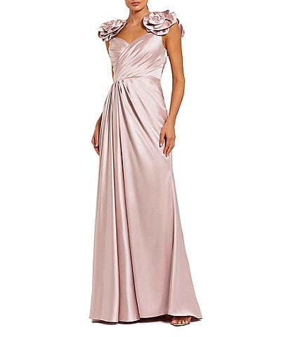 Mac Duggal 3D Flower Straps Satin Faux Wrap Gown