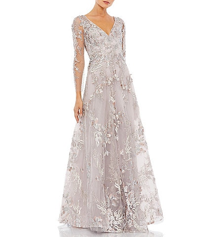 Mac Duggal Appliqued Illusion Long Sleeve A Line Gown