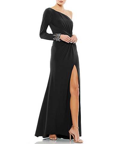 Mac Duggal Asymmetric One Shoulder Long Sleeve Thigh High Slit Beaded Cuff Twist Bodice Gown