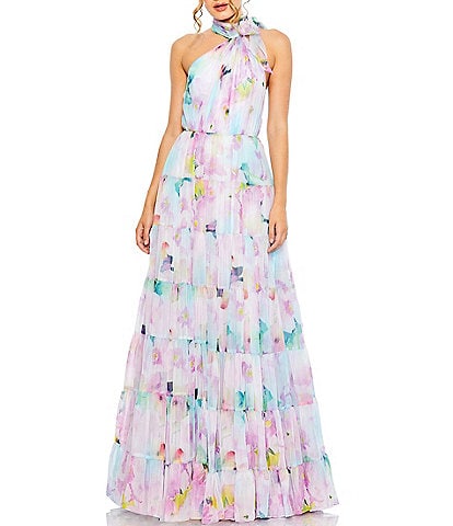 Mac Duggal Asymmetrical Halter Neck Floral Print Chiffon Tiered Dress