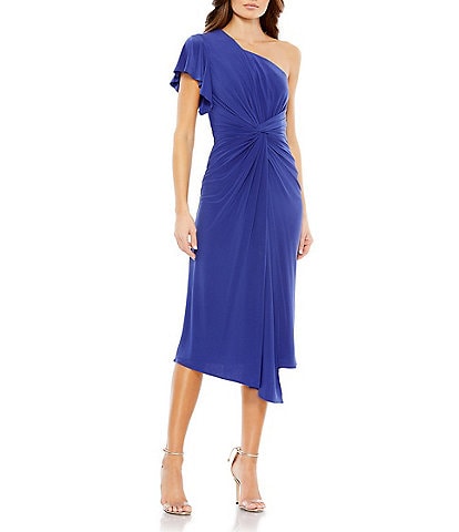 Mac Duggal Asymmetrical Hem One Shoulder Short Flutter Sleeve Ruched Twist Waist Faux Wrap Midi Dress