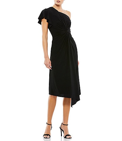 Mac Duggal Asymmetrical Hem One Shoulder Short Flutter Sleeve Ruched Twist Waist Faux Wrap Midi Dress