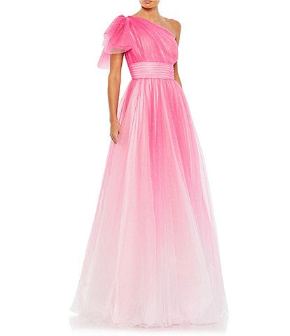 Mac Duggal Asymmetrical One Shoulder Short Ruffle Sleeve Ruched Ombre Ballgown