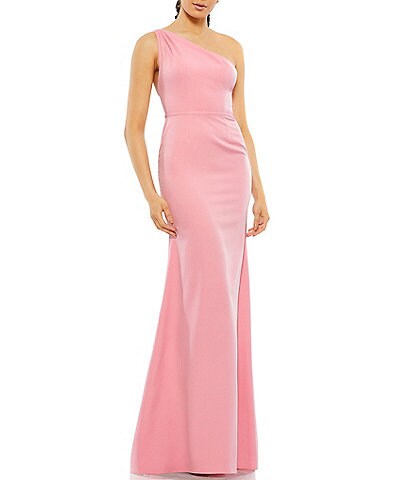 Mac Duggal Asymmetrical Ruched One Shoulder Sleeveless Open Back Detail Trumpet Sheath Gown