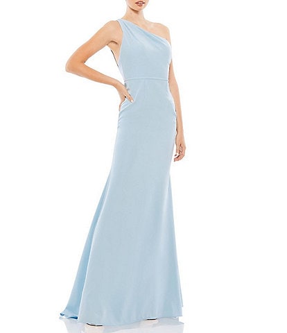 Mac Duggal Asymmetrical Ruched One Shoulder Sleeveless Open Back Detail Trumpet Sheath Gown