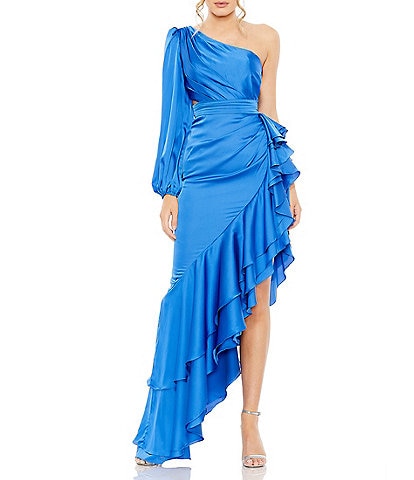 Mac Duggal Ruffle Asymmetrical Hemline Cut Out Side One Shoulder Long Blouson Sleeve Ruched Gown