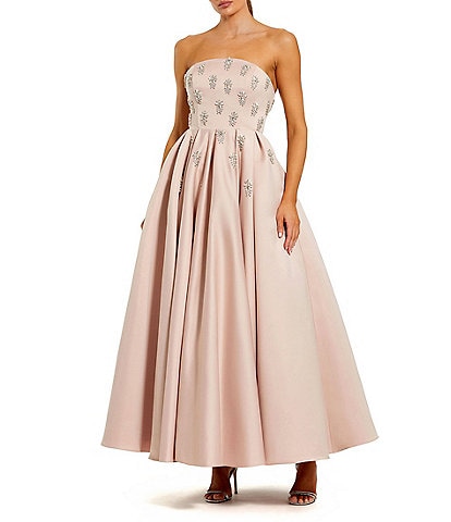 Mac Duggal Bead Bodice Satin Strapless Ankle Dress