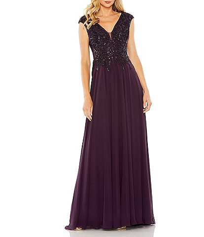 Mac Duggal Beaded Applique Bodice V-Neck Sleeveless A-Line Gown