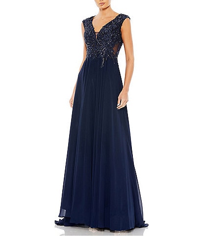 Mac Duggal Beaded Applique Bodice V-Neck Sleeveless A-Line Gown