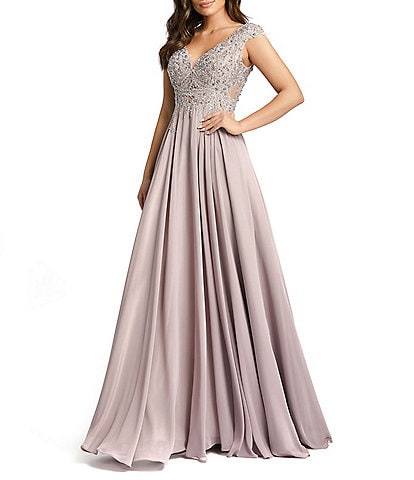 Mac Duggal Beaded Applique Bodice V-Neck Cap Sleeve A-Line Gown