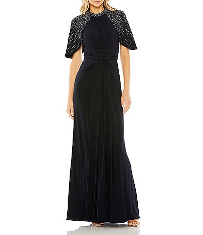 Mac Duggal Beaded Capelet Short Sleeve Ruched Waist Jersey Gown