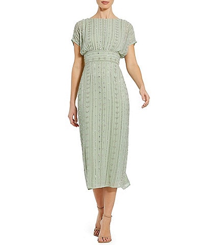 Mac Duggal Beaded Chiffon Short Sleeve Boat Neck Sheath Midi Dress
