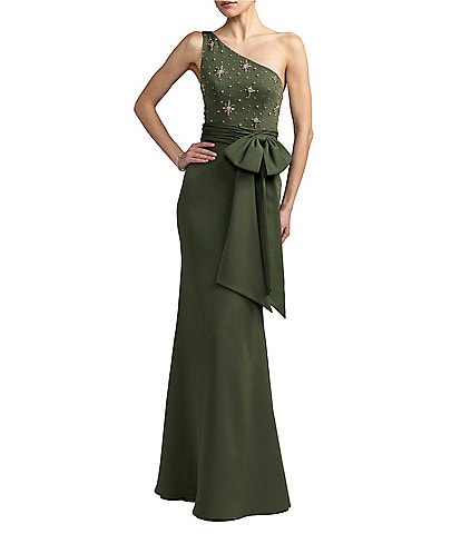 Mac Duggal Beaded Crepe One Shoulder Evening Gown