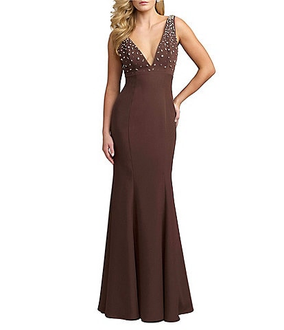 Mac Duggal Beaded Crepe Sleeveless Evening Gown