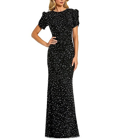 Mac Duggal Beaded Crew Neck Ruched Short Sleeve Gown