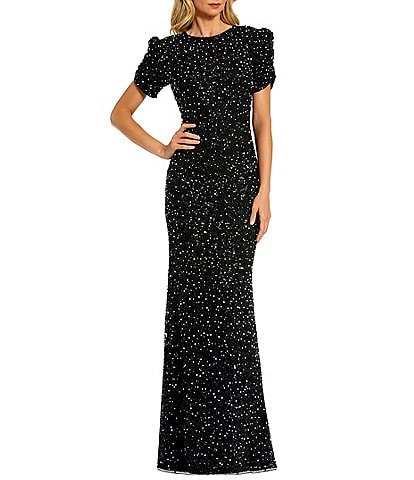 Mac Duggal Beaded Crew Neck Ruched Short Sleeve Gown