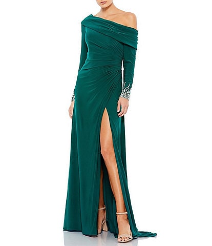 Mac Duggal Beaded Cuff Drop Shoulder Asymmetrical One Shoulder Long Sleeve Thigh High Slit Gown