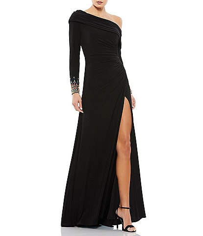 Mac Duggal Beaded Cuff Drop Shoulder Asymmetrical One Shoulder Long Sleeve Thigh High Slit Gown