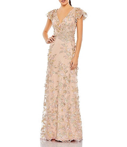 Mac Duggal Beaded Embroidered V-Neck Flutter Sleeve Gown