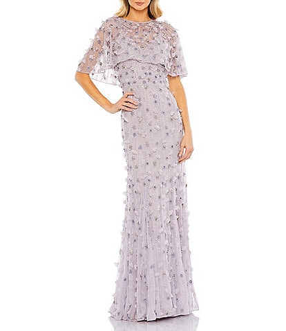 Mac Duggal Beaded Floral Illusion Short Cape Sleeve Sheath Gown