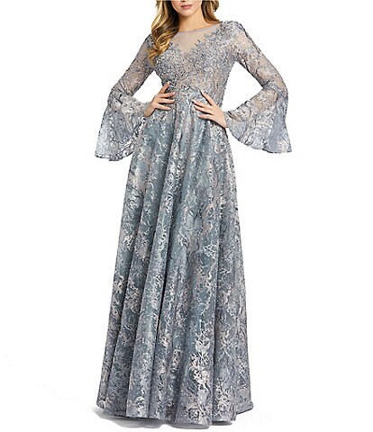 Mac Duggal Beaded Illusion Crew Neck Long Bell Sleeve Gown