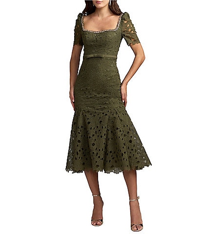Mac Duggal Beaded Lace Short Sleeve Midi Dress