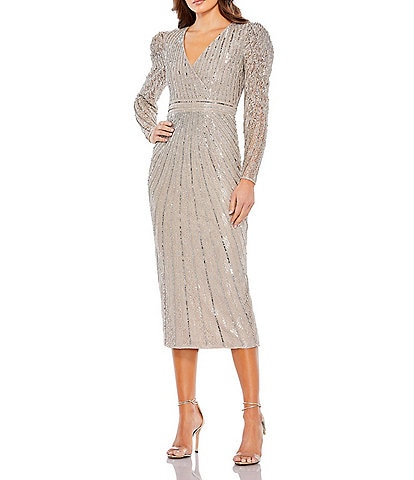 Mac Duggal Beaded Lace Surplice V-Neck Long Sleeve Embellished Midi Sheath Dress