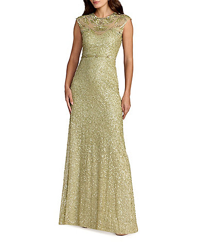 Mac Duggal Beaded Mesh Cap Sleeve High Neck Column Gown
