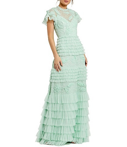 Mac Duggal Beaded Mesh High Neck Micro Ruffle Floral Overlay Column Gown