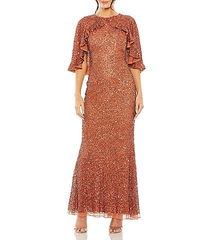 Mac Duggal Beaded Mesh High Neck Ruffle Cape Gown