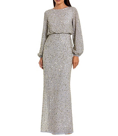 Mac Duggal Beaded Mesh Long Sleeve Blouson Gown