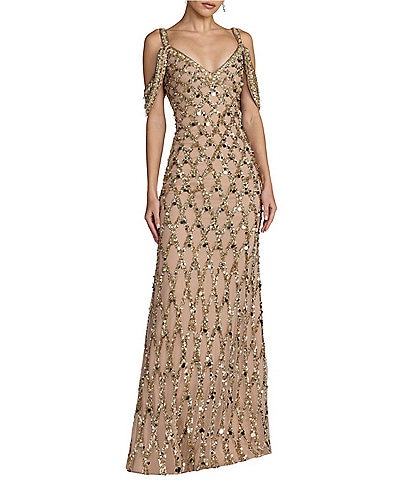 Mac Duggal Beaded Mesh Off The Shoulder Evening Gown