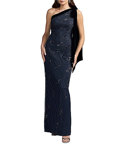 Mac Duggal Beaded Mesh One Shoulder Evening Gown