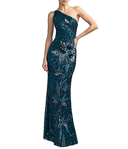 Mac Duggal Beaded Mesh One Shoulder Evening Gown