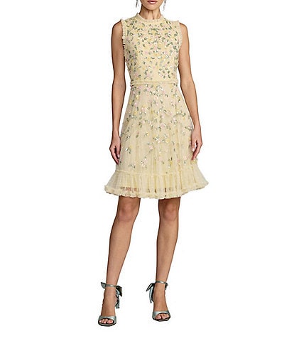 Mac Duggal Beaded Mesh Sleeveless Ruffle Hem Dress