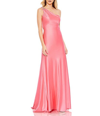Mac Duggal Beaded One Shoulder Cut Out Back Satin Gown